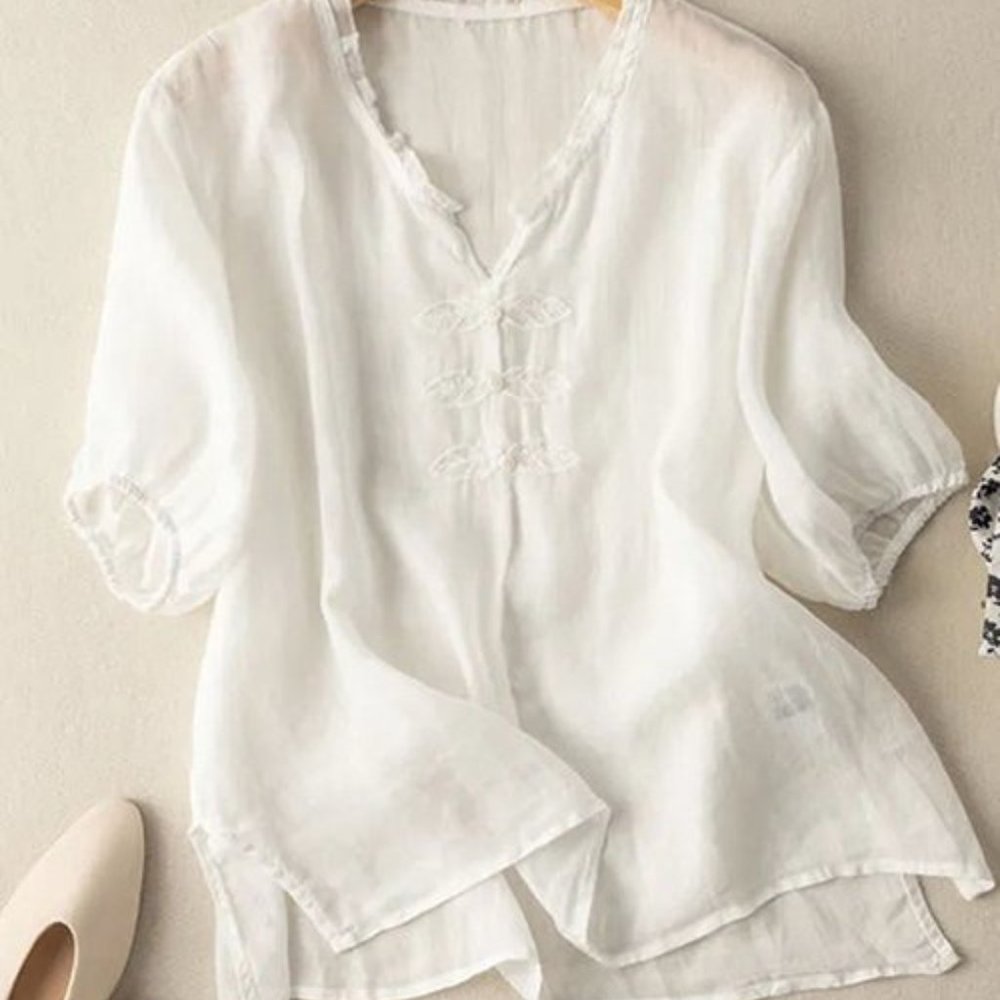 White Embroidered Button-Accent Ruffle Notch Neck Top Linen Blend